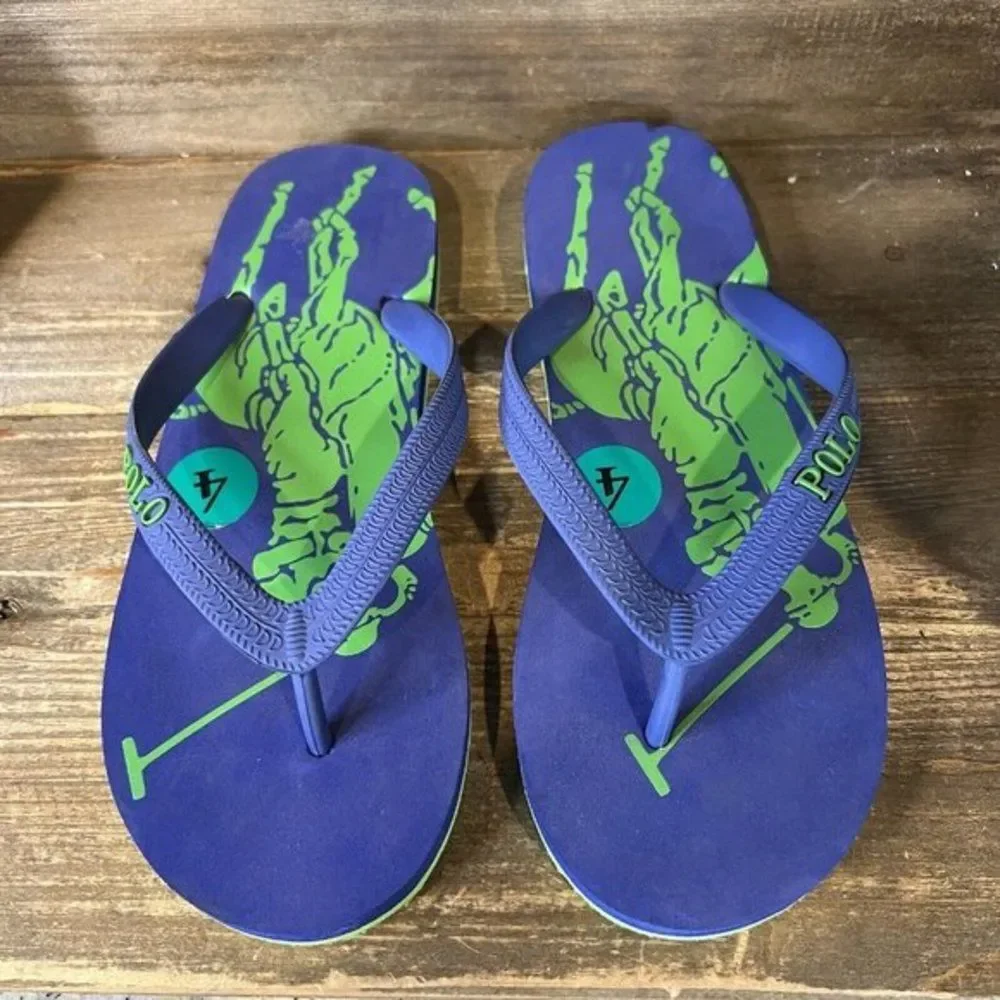 Childrens Big Kids Polo Ralph Lauren Blue Thong Sandals Flip Flops Size 4 Y‎ EUC